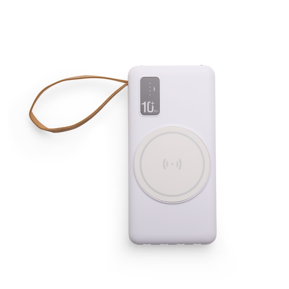 Power bank 10.000 mAh com carregamento via indução ou via cabo personalizado com a logo da empresa, na cor branco