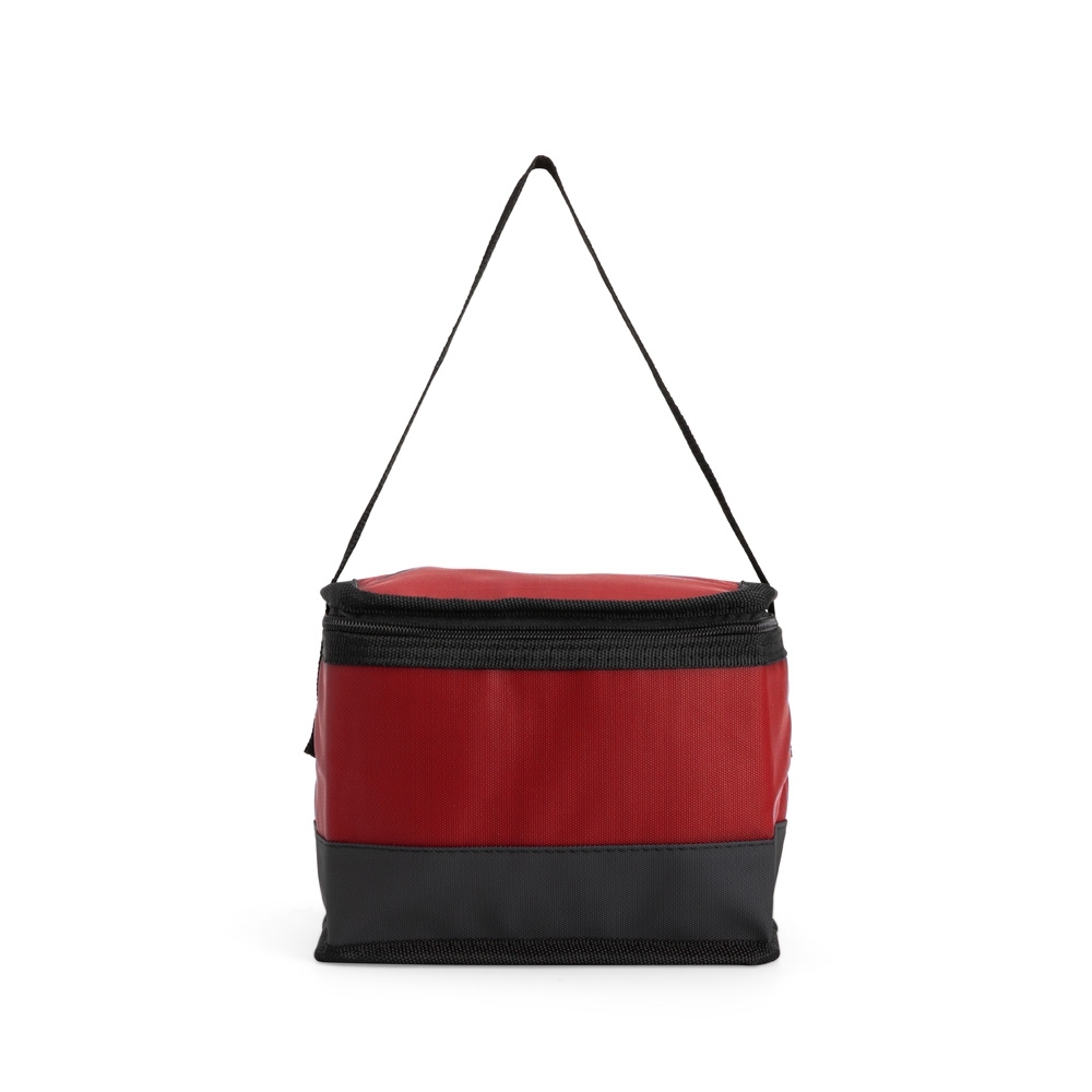Bolsa térmica 5 litros de poliéster impermeável personalizada com a logo da empresa, na cor vermelho / preto