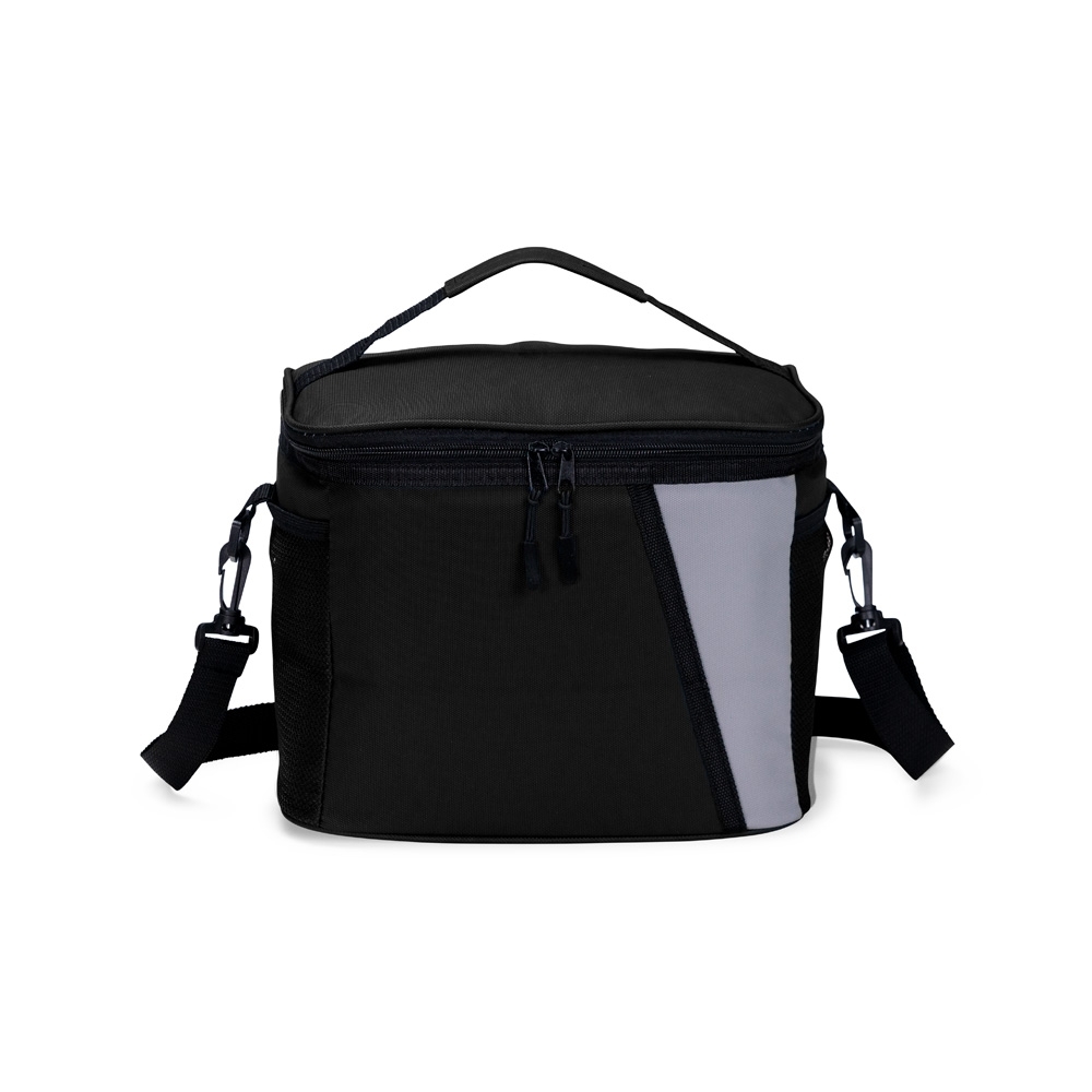 Bolsa térmica 12 litros de poliéster impermeável na cor Preto / Cinza, personalizada com a logo da empresa
