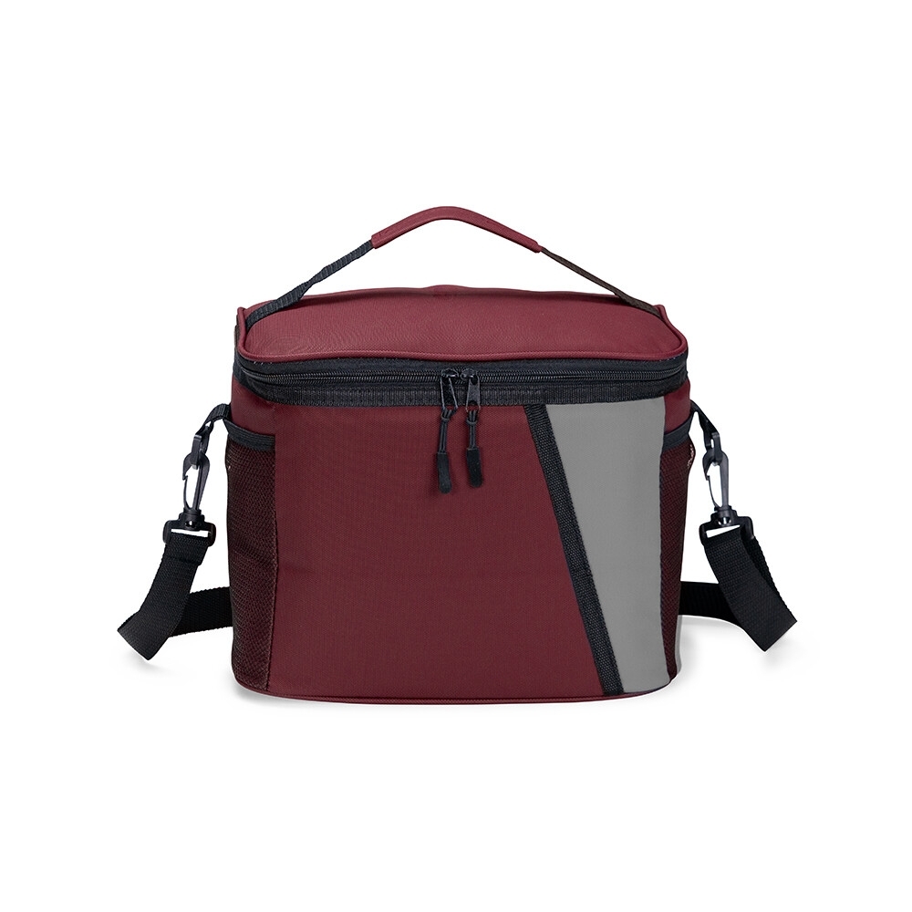 Bolsa térmica 12 litros de poliéster impermeável personalizada com a logo da empresa, na cor vermelho / cinza