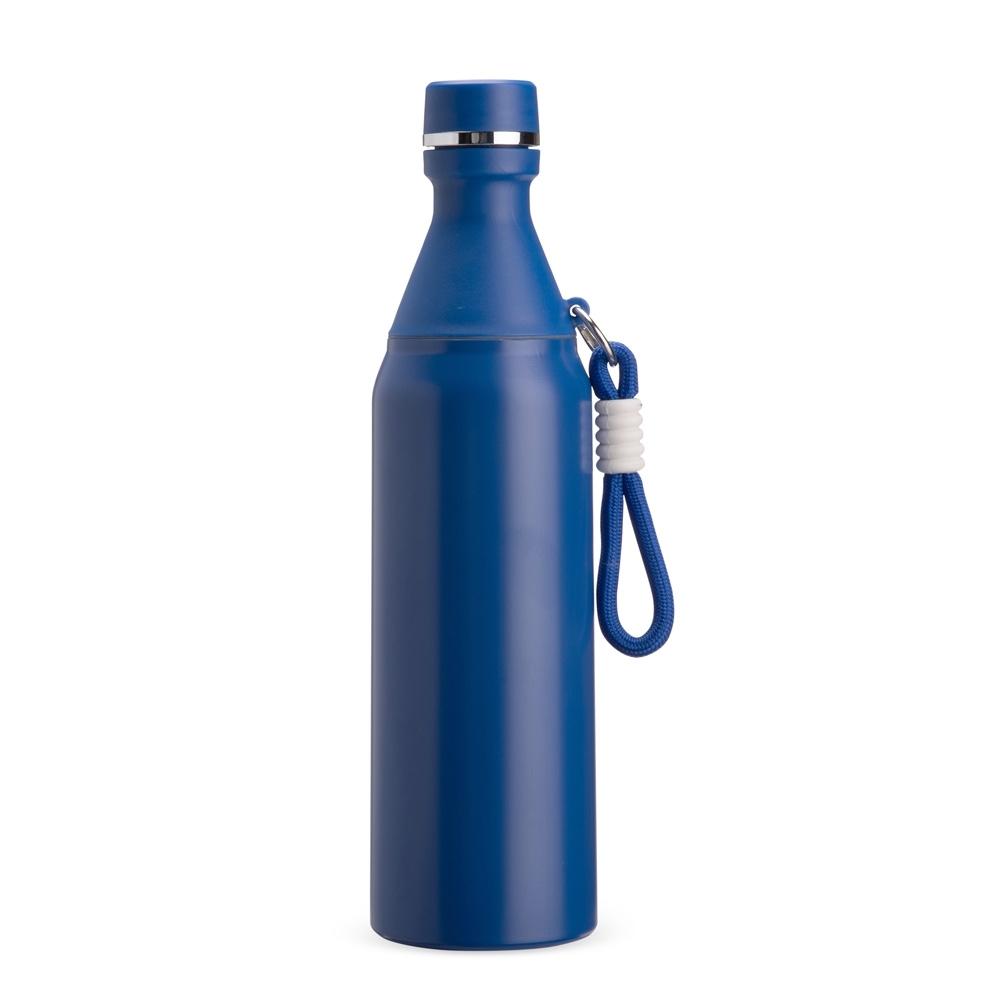 Garrafa térmica 500 ml de inox com mosquetão personalizada com a logo da empresa, na cor azul