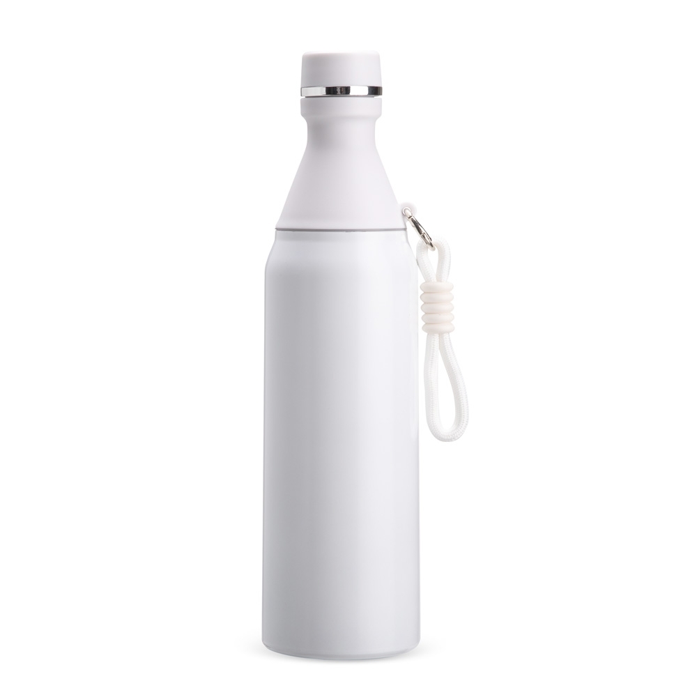 Garrafa térmica 500 ml de inox com mosquetão personalizada com a logo da empresa, na cor branco