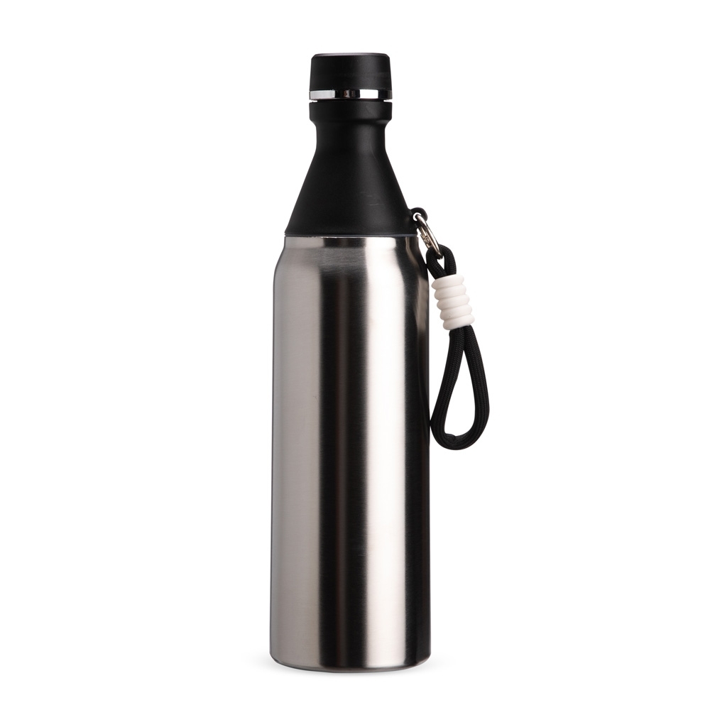 Garrafa térmica 500 ml de inox com mosquetão personalizada com a logo da empresa, na cor inox / preto