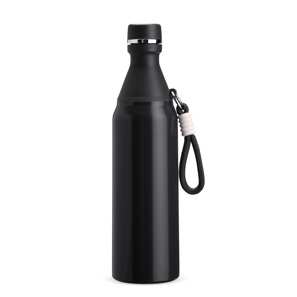 Garrafa térmica 500 ml de inox com mosquetão na cor Preto, personalizada com a logo da empresa