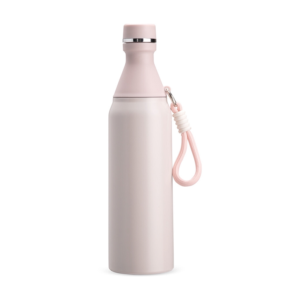 Garrafa térmica 500 ml de inox com mosquetão personalizada com a logo da empresa, na cor rosa claro