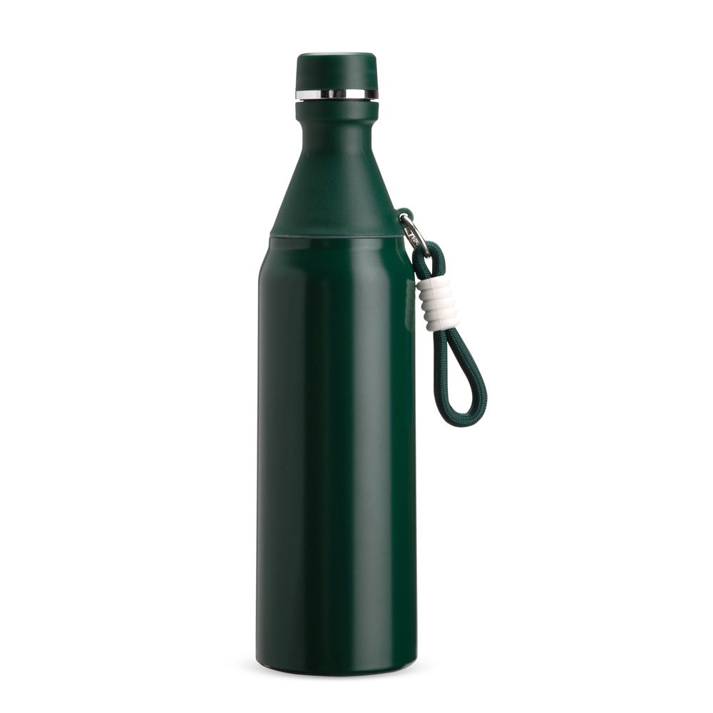 Garrafa térmica 500 ml de inox com mosquetão personalizada com a logo da empresa, na cor verde