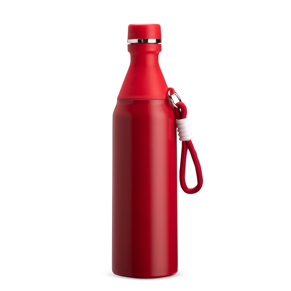 Garrafa térmica 500 ml de inox com mosquetão personalizada com a logo da empresa, na cor vermelho