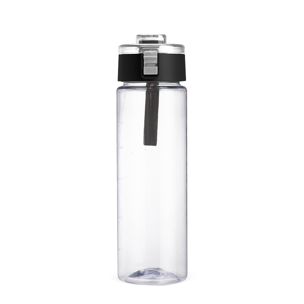 Garrafa plástica 750 ml com tampa de botão e alça na cor Transparente / Preto, personalizada com a logo da empresa