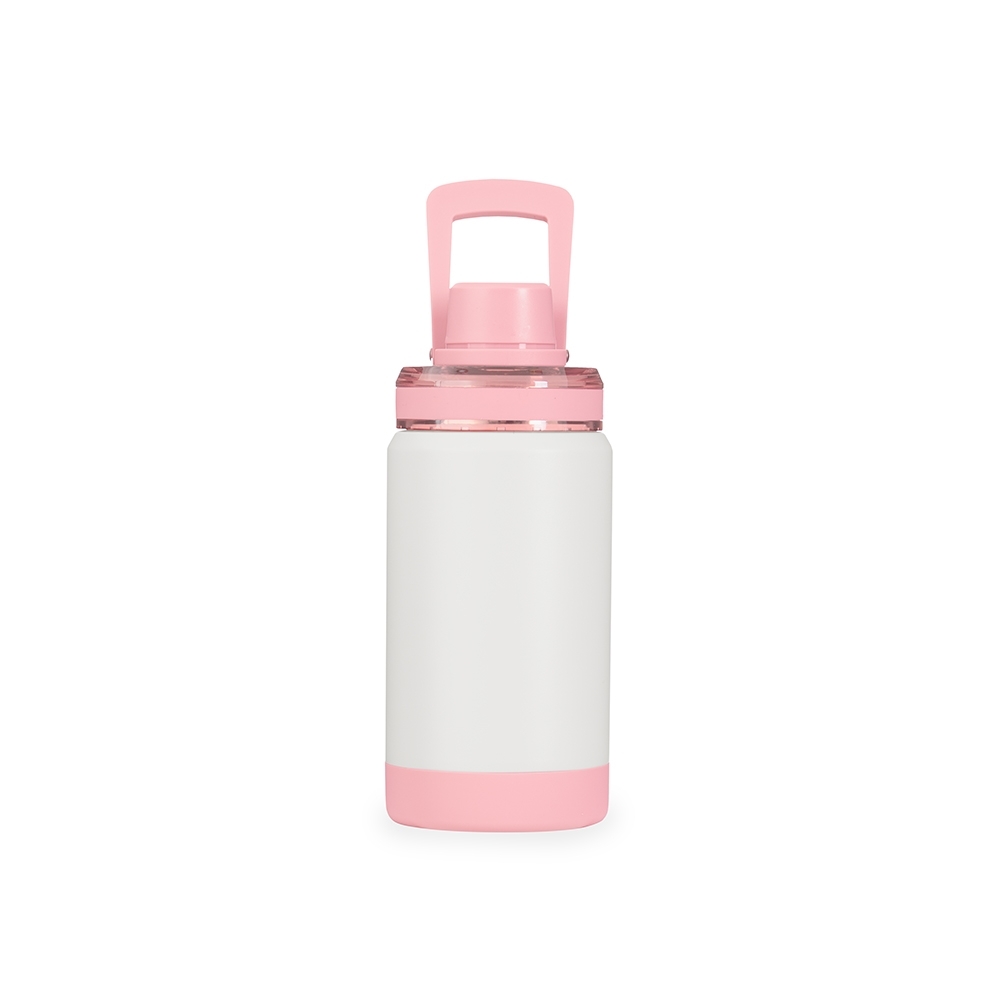 Garrafa térmica 400 ml de inox com alça e base antiderrapante na cor Branco / Rosa claro, personalizada com a logo da empresa