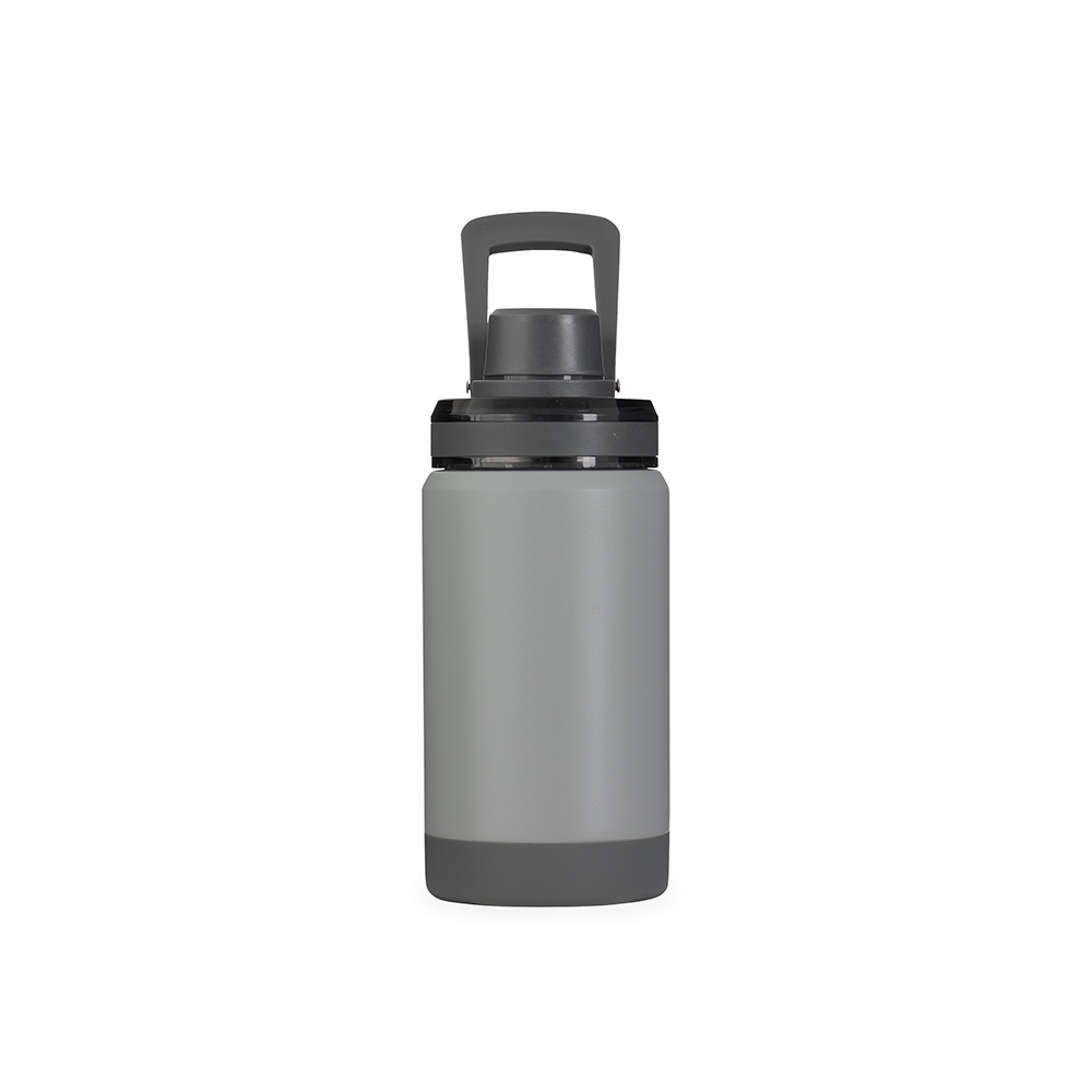 Garrafa térmica 400 ml de inox com alça e base antiderrapante personalizada com a logo da empresa, na cor cinza / preto