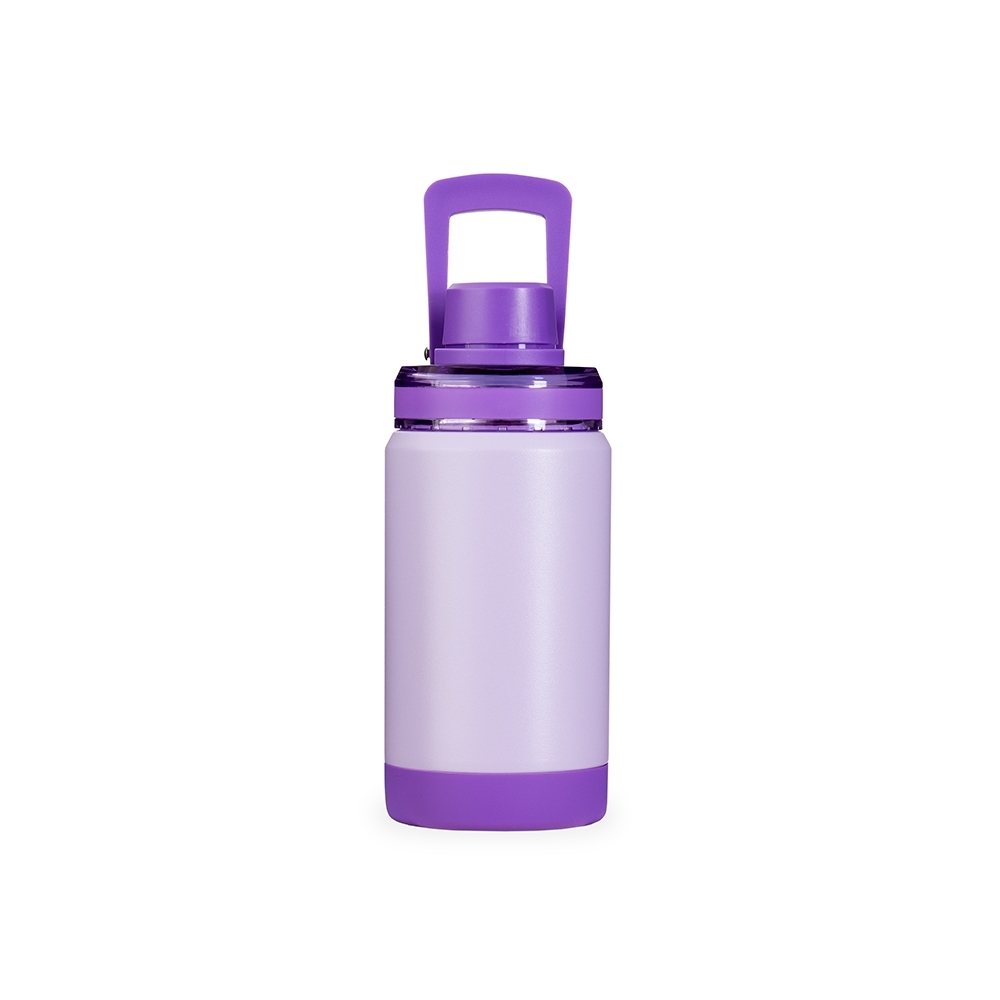 Garrafa térmica 400 ml de inox com alça e base antiderrapante personalizada com a logo da empresa, na cor roxo
