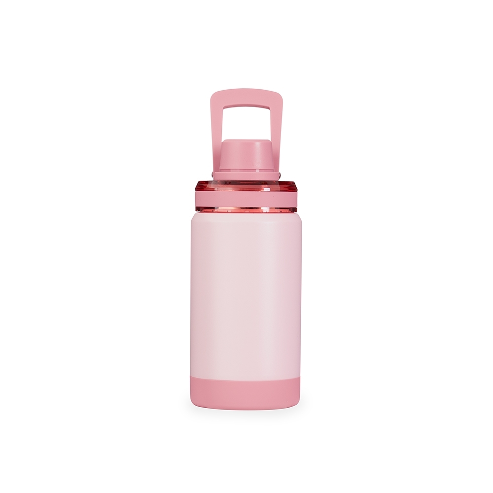 Garrafa térmica 400 ml de inox com alça e base antiderrapante personalizada com a logo da empresa, na cor rosa claro