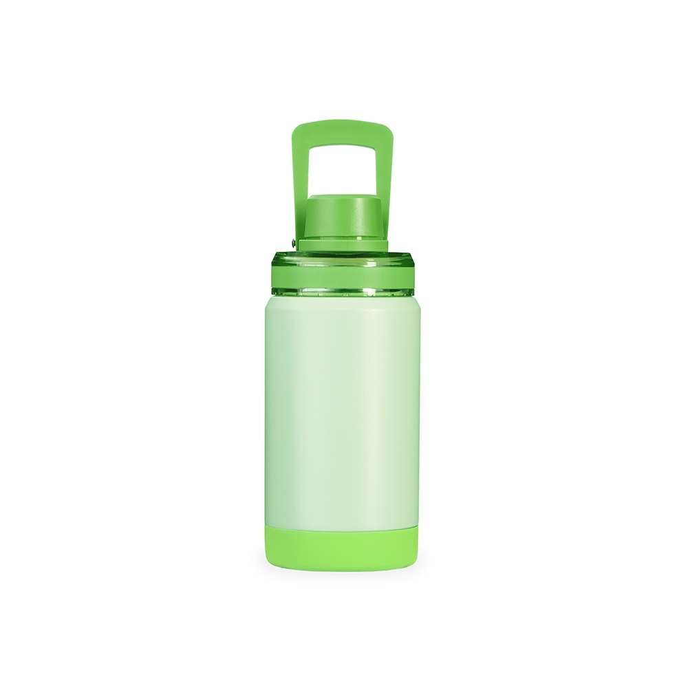 Garrafa térmica 400 ml de inox com alça e base antiderrapante personalizada com a logo da empresa, na cor verde claro