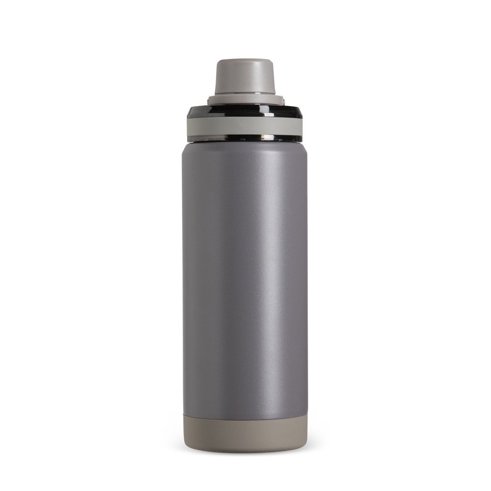 Garrafa térmica 600 ml de inox com alça e base antiderrapante na cor Cinza, personalizada com a logo da empresa