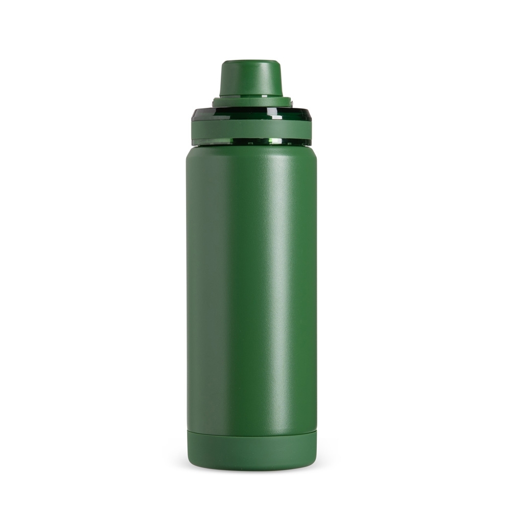 Garrafa térmica 600 ml de inox com alça e base antiderrapante personalizada com a logo da empresa, na cor verde escuro