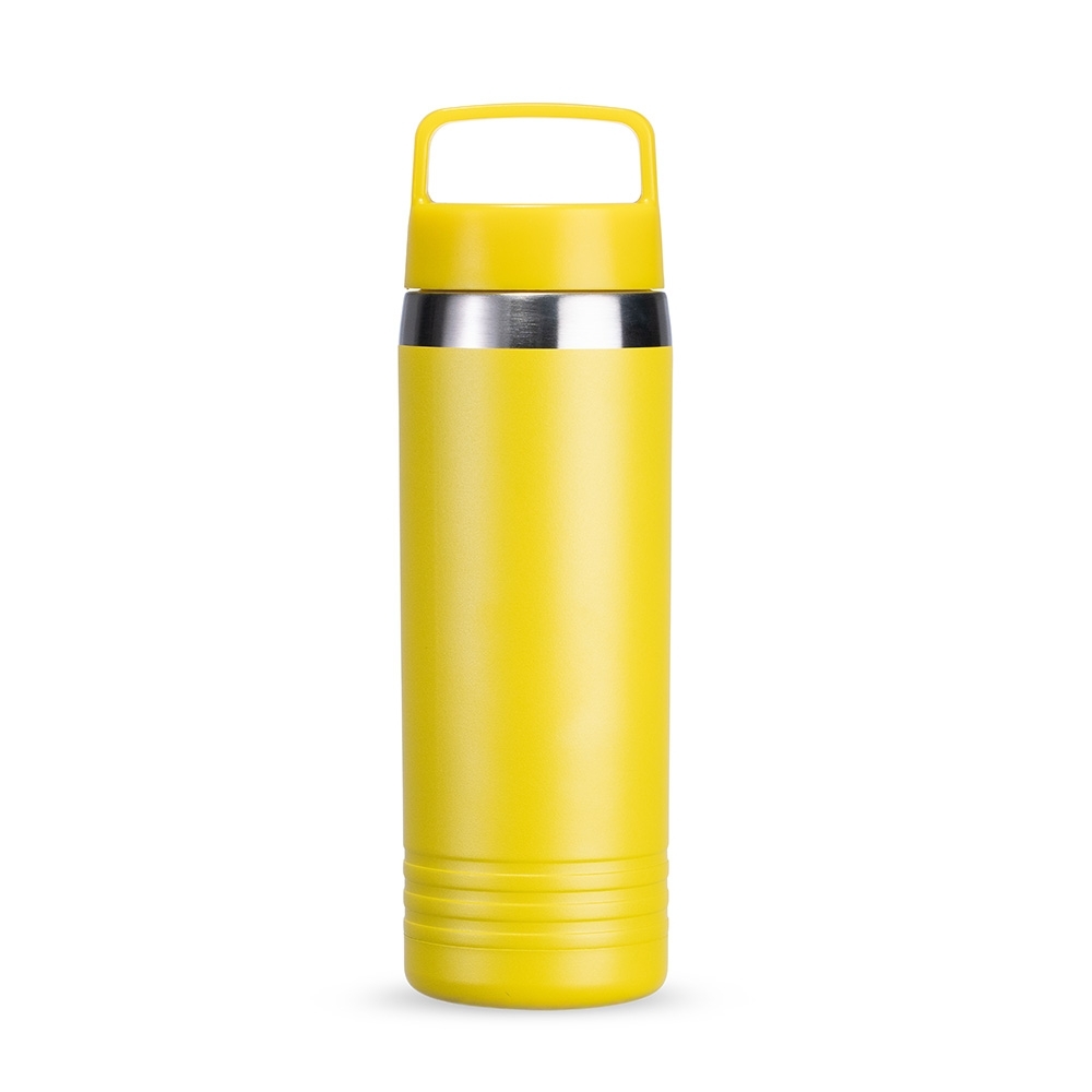 Garrafa térmica 700 ml de inox com alça fixa na tampa personalizada com a logo da empresa, na cor amarelo