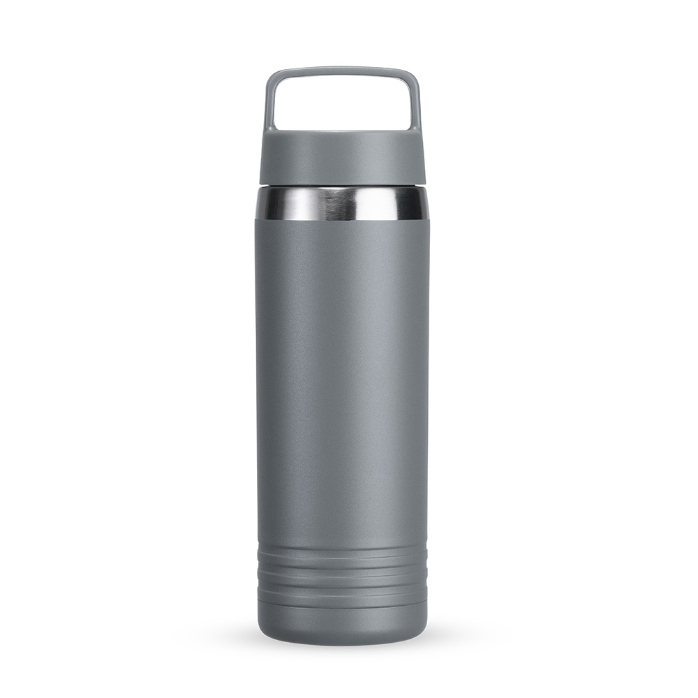 Garrafa térmica 700 ml de inox com alça fixa na tampa personalizada com a logo da empresa, na cor cinza