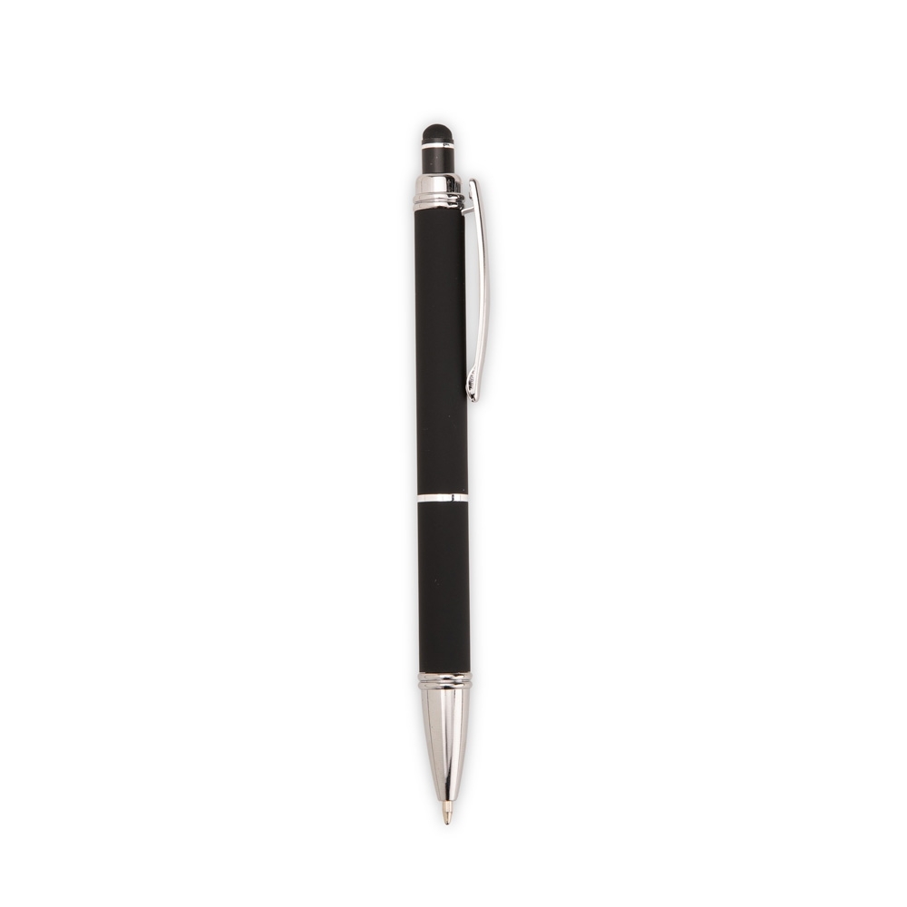 Caneta de metal touch emborrachada com anel central na cor Preto / Prata, personalizada com a logo da empresa