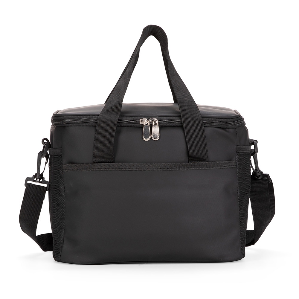 Bolsa térmica 12 litros de couro sintético impermeável na cor Preto, personalizada com a logo da empresa