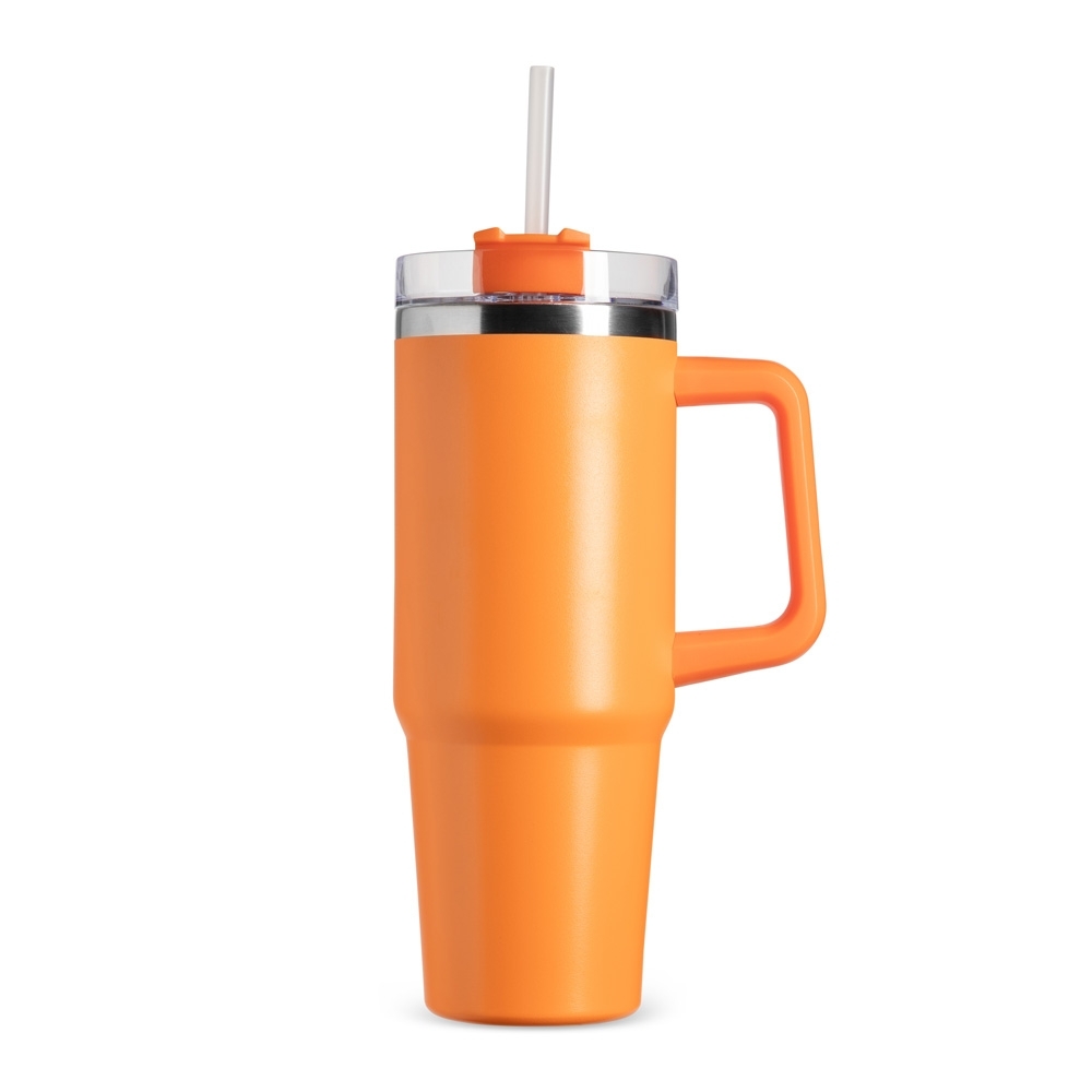 Caneca térmica 900 ml personalizada com a logo da empresa, na cor laranja