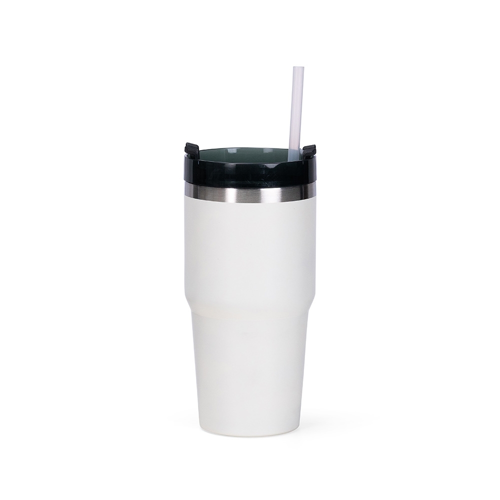 Copo térmico 600 ml com canudo na cor Branco, personalizado com a logo da empresa
