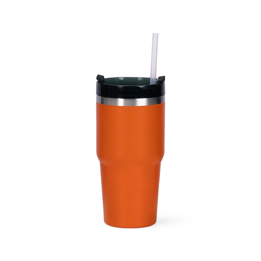 Copo térmico 600 ml com canudo personalizado com a logo da empresa, na cor laranja