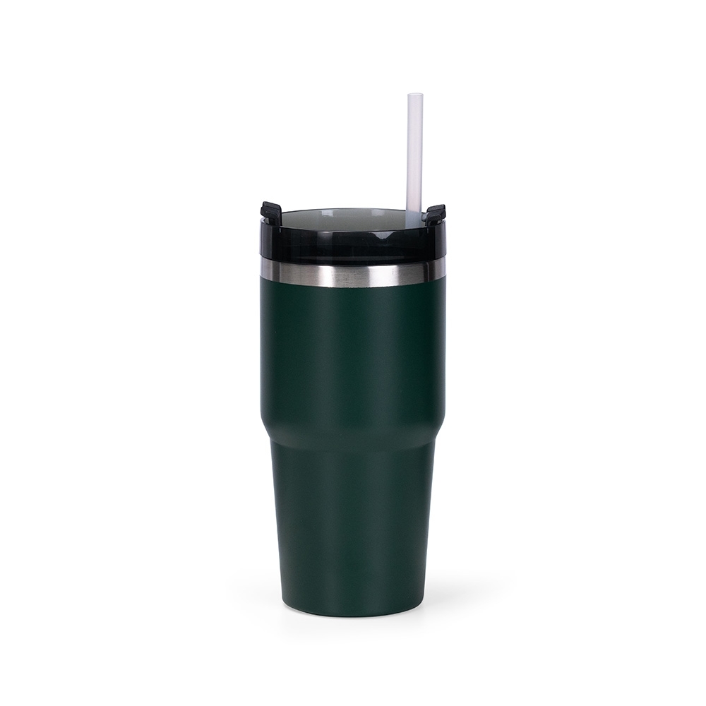 Copo térmico 600 ml com canudo personalizado com a logo da empresa, na cor verde escuro