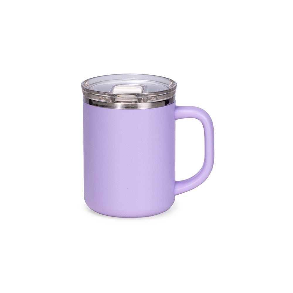 Caneca parede dupla 450 ml de plástico com alça na cor Lilás, personalizada com a logo da empresa