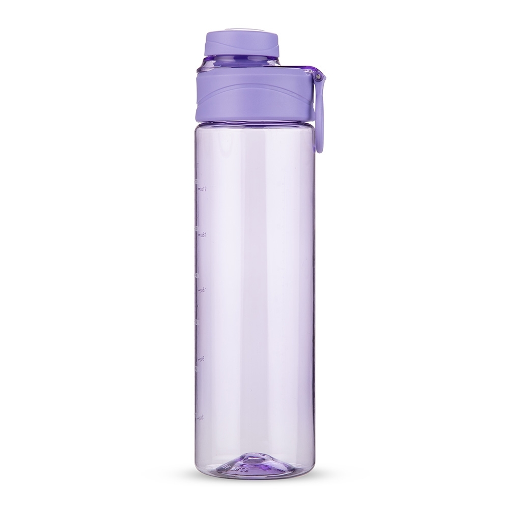 Garrafa plástica 700 ml sem BPA com protetor de bocal e alça personalizada com a logo da empresa, na cor lilás