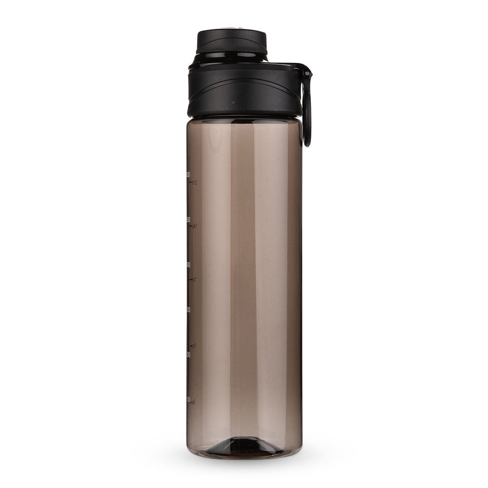 Garrafa plástica 700 ml sem BPA com protetor de bocal e alça na cor Preto, personalizada com a logo da empresa