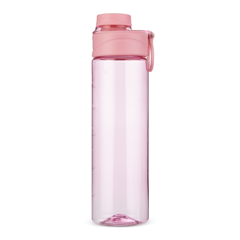 Garrafa plástica 700 ml sem BPA com protetor de bocal e alça personalizada com a logo da empresa, na cor rosa claro