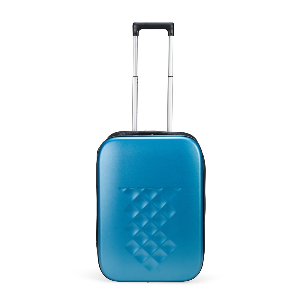 Mala de viagem retrátil slim 40 litros de plástico na cor Azul, personalizada com a logo da empresa