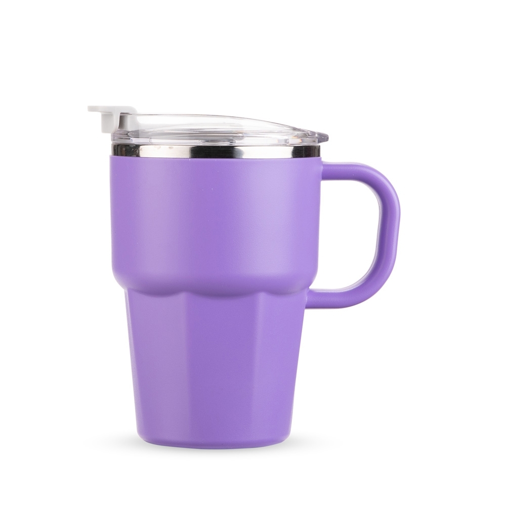 Caneca parede dupla 550 ml com canudo e alça personalizada com a logo da empresa, na cor roxo