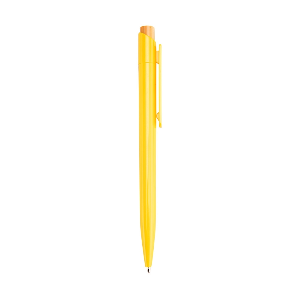 Caneta plástica com acionador de bambu personalizada com a logo da empresa, na cor amarelo