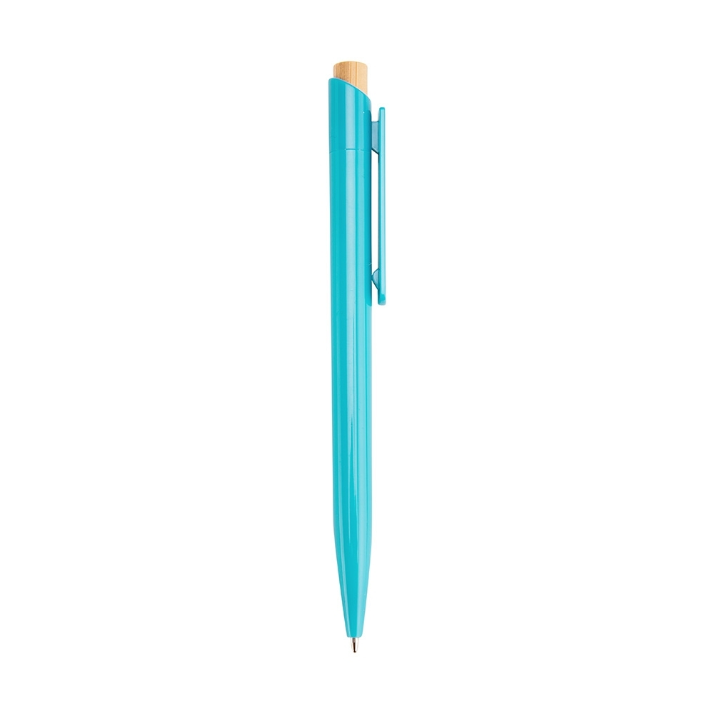 Caneta plástica com acionador de bambu na cor Azul claro, personalizada com a logo da empresa