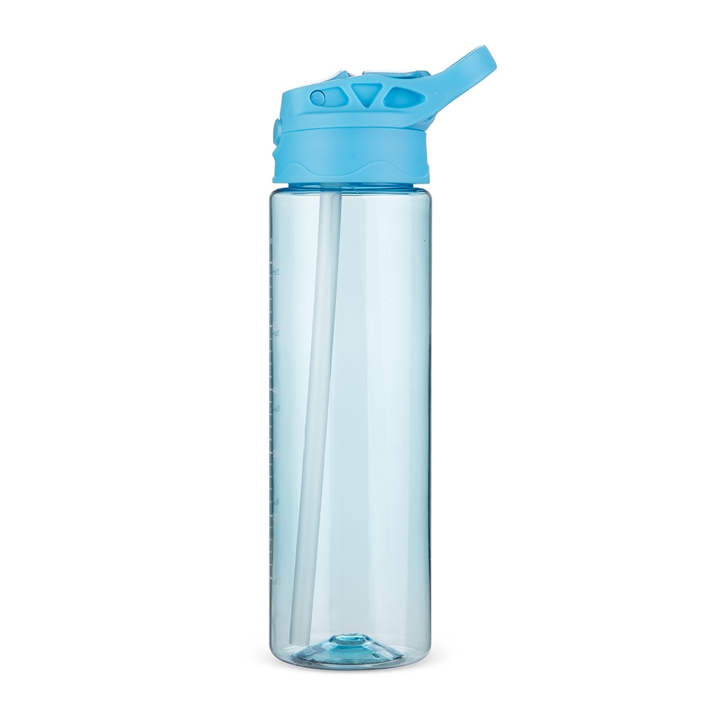 Squeeze plástico 700 ml com canudo e tampa de botão personalizado com a logo da empresa, na cor azul claro
