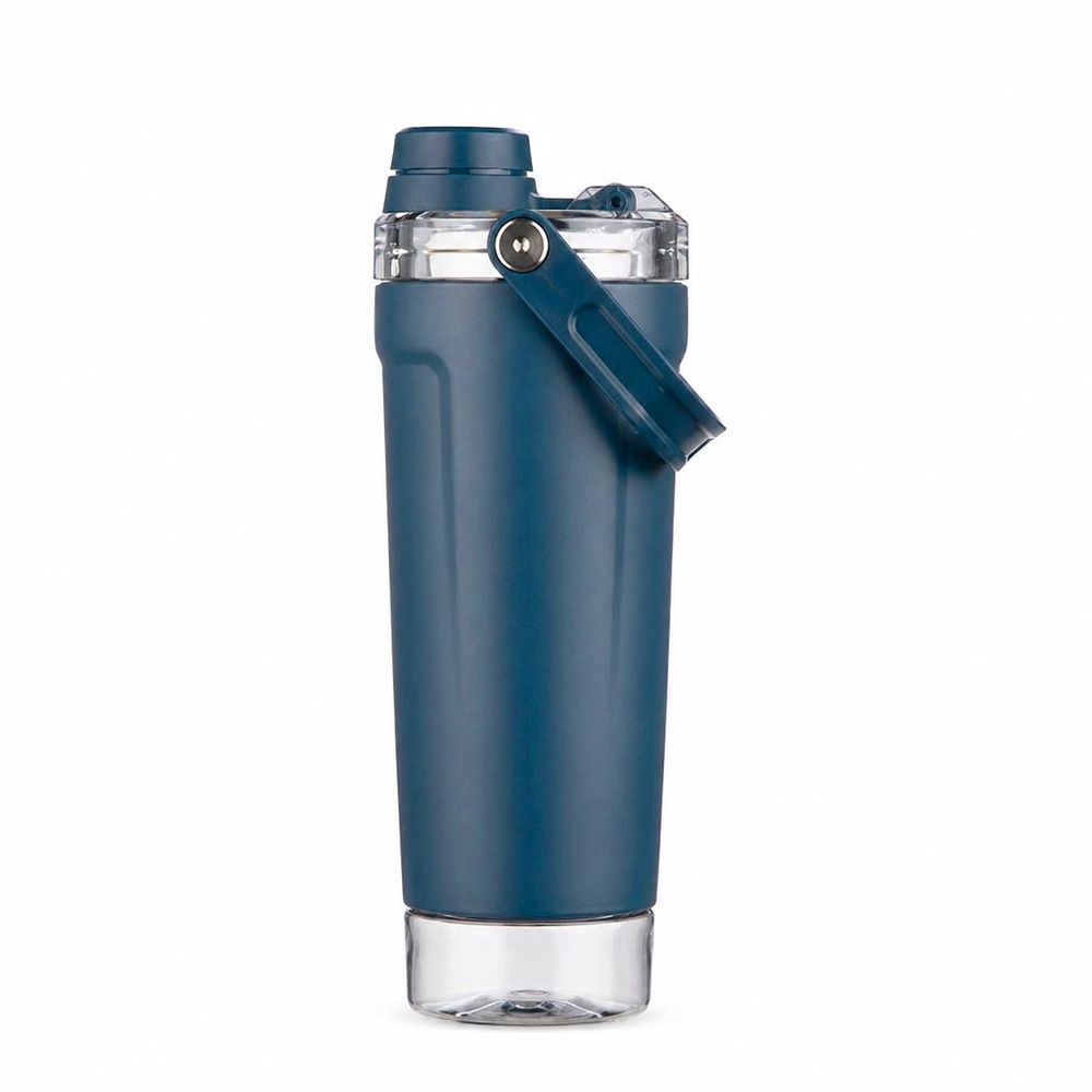 Coqueteleira térmica 650 ml de inox com alça personalizada com a logo da empresa, na cor azul escuro