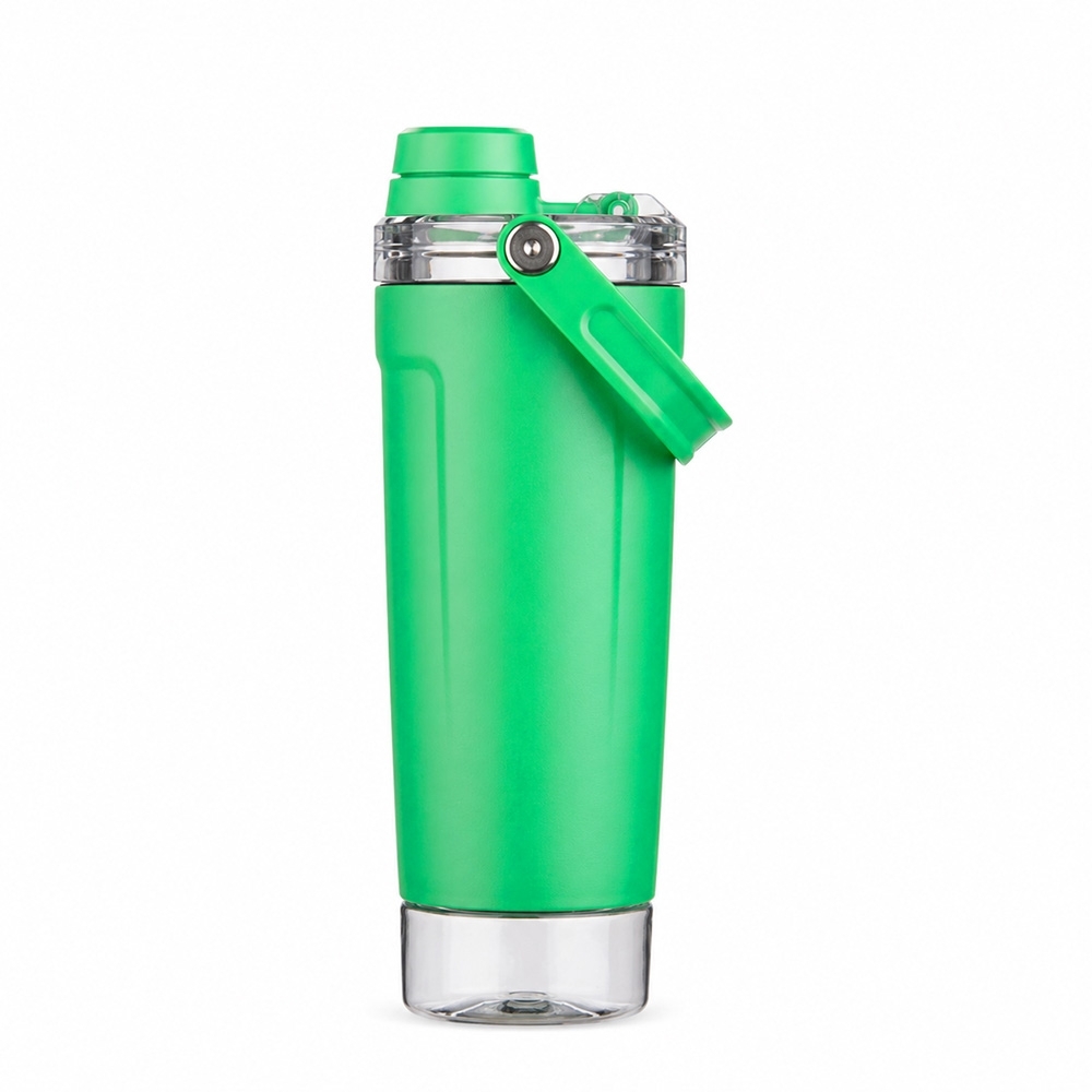 Coqueteleira térmica 650 ml de inox com alça personalizada com a logo da empresa, na cor verde