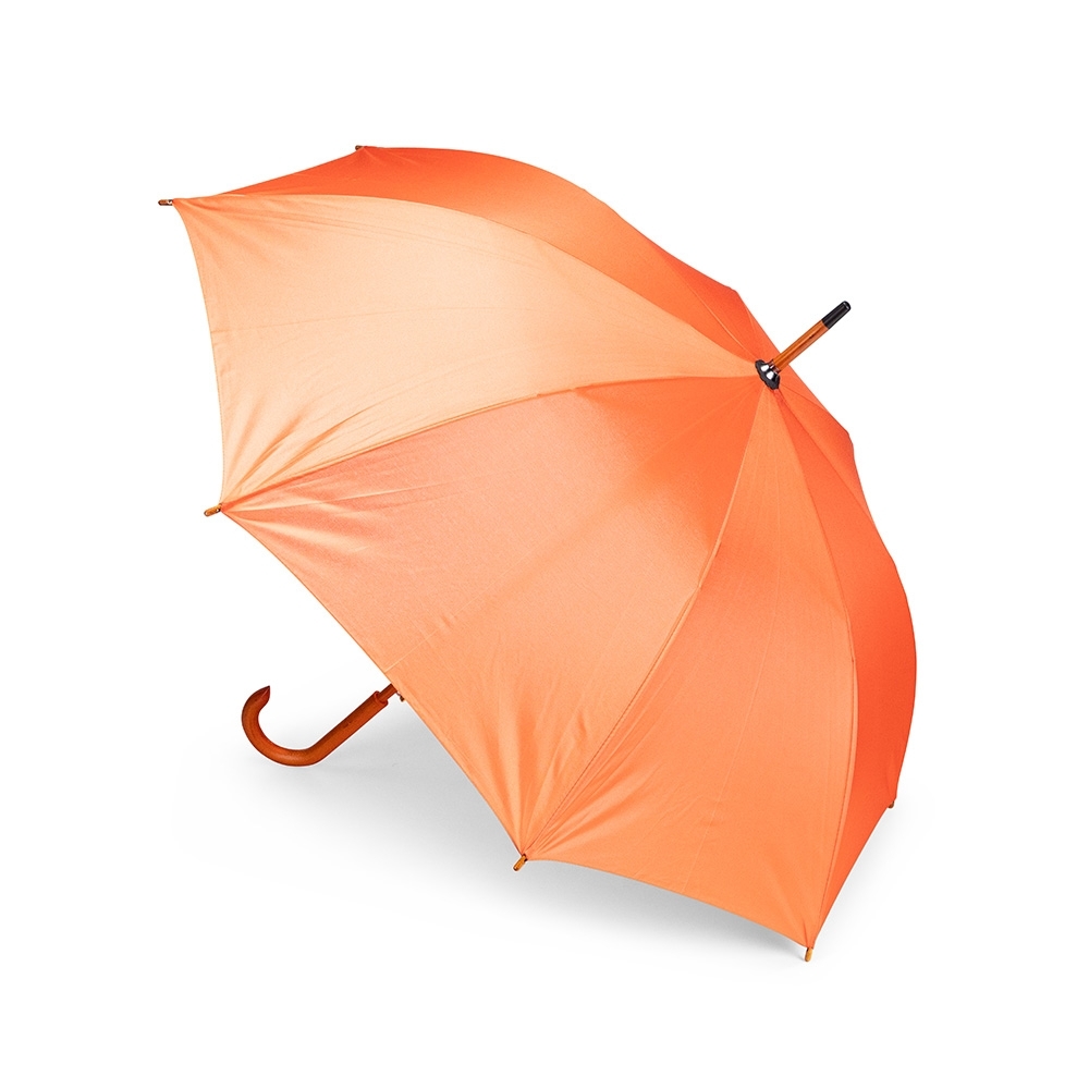 Guarda-chuva automático de poliéster com haste e cabo de madeira personalizado com a logo da empresa, na cor laranja