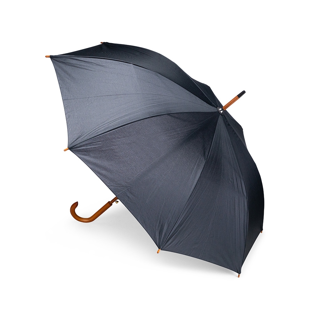 Guarda-chuva automático de poliéster com haste e cabo de madeira na cor Preto, personalizado com a logo da empresa