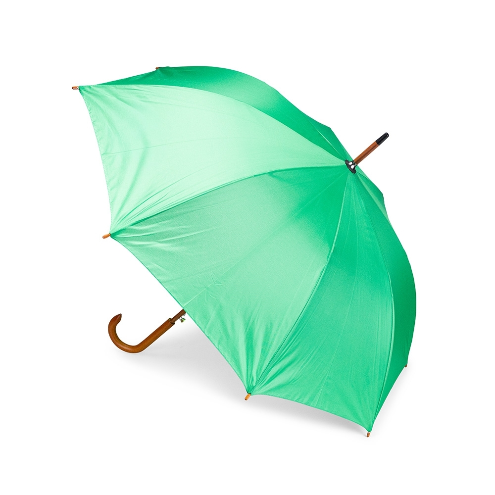 Guarda-chuva automático de poliéster com haste e cabo de madeira personalizado com a logo da empresa, na cor verde