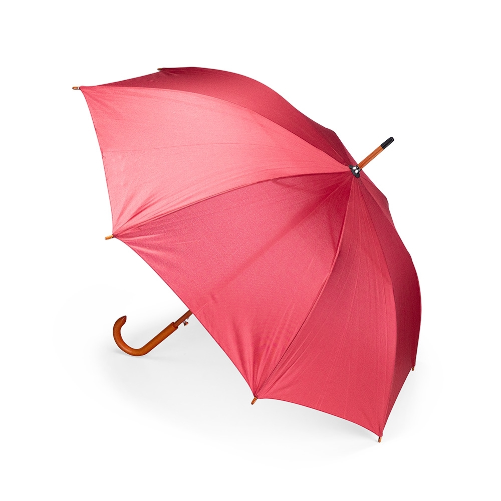 Guarda-chuva automático de poliéster com haste e cabo de madeira personalizado com a logo da empresa, na cor vinho
