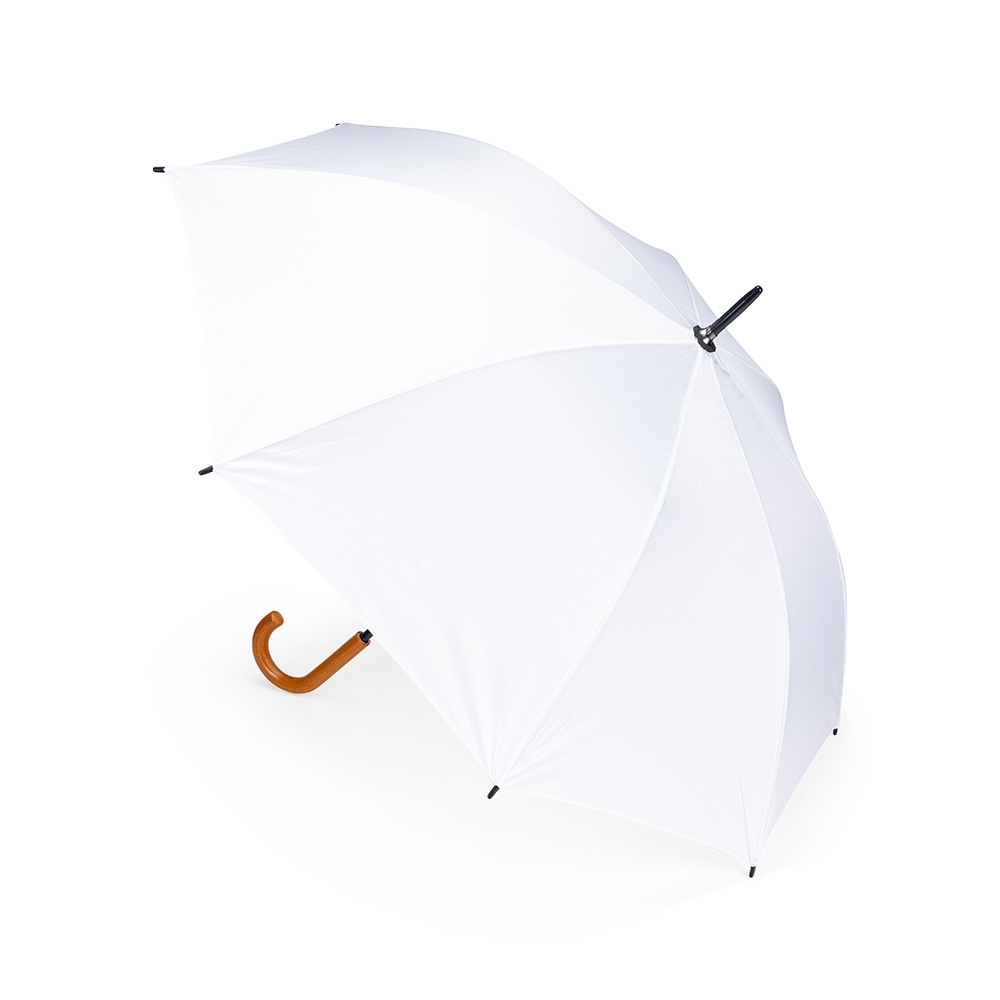 Guarda-chuva automático de poliéster com 8 varetas personalizado com a logo da empresa, na cor branco