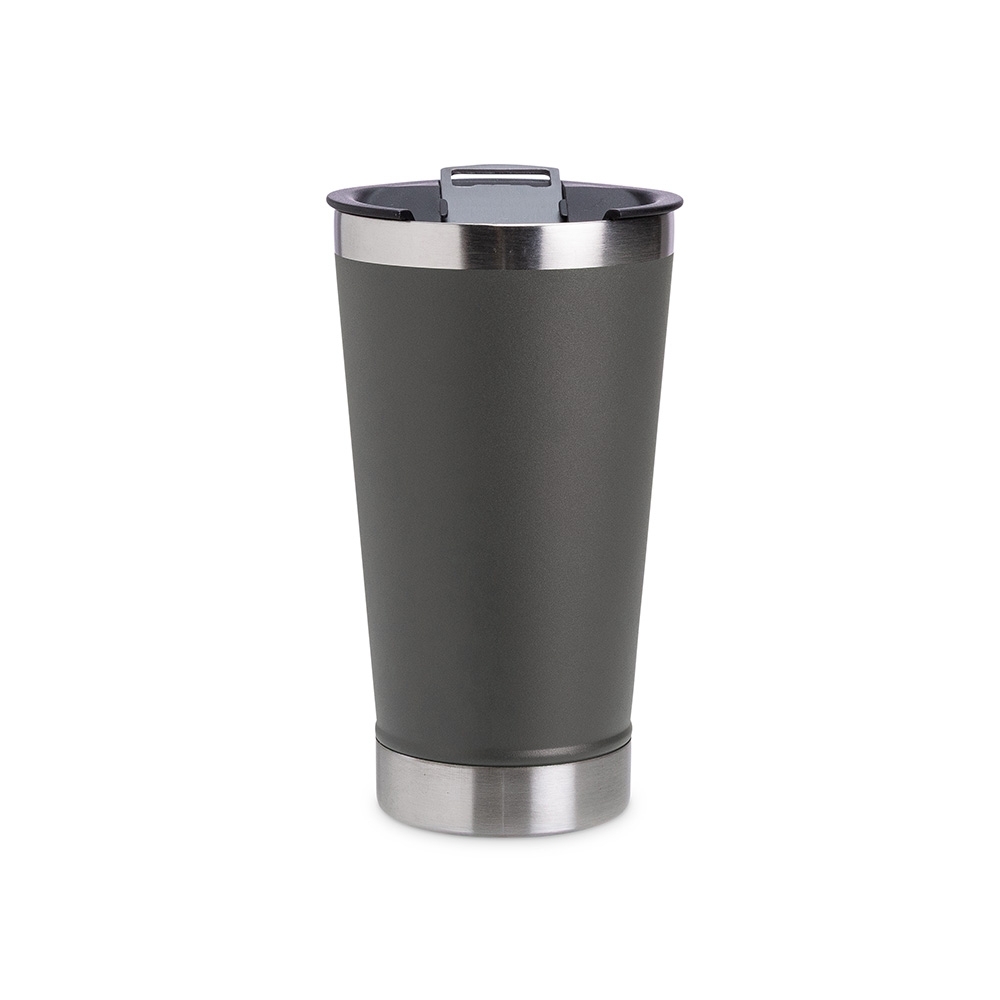 Copo inox 500 ml com abridor personalizado com a logo da empresa, na cor cinza escuro