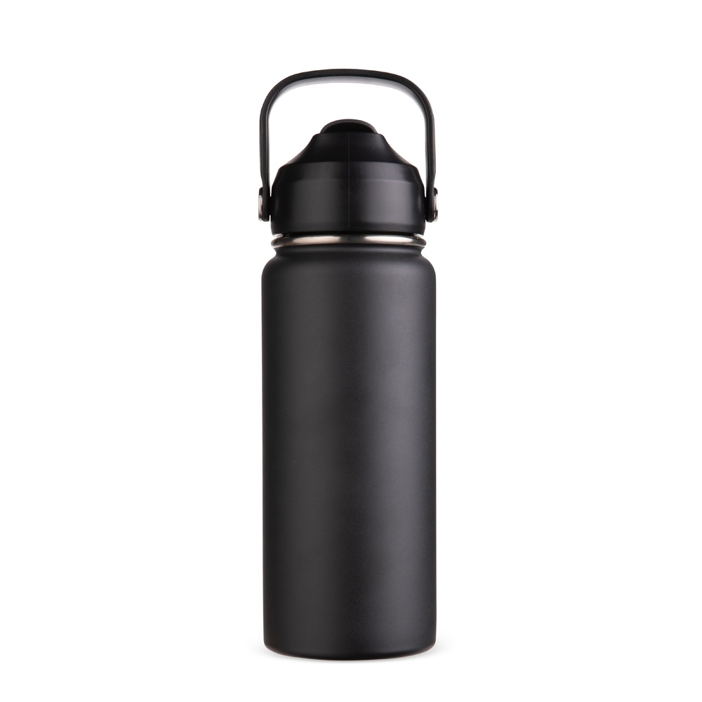 Garrafa térmica 600 ml de inox com alça na cor Preto, personalizada com a logo da empresa
