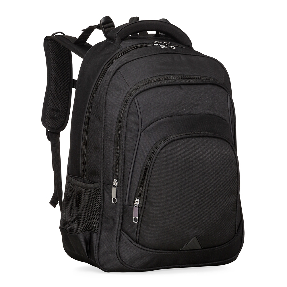 Mochila de poliéster 27 litros impermeável com 3 compartimentos na cor Preto, personalizada com a logo da empresa