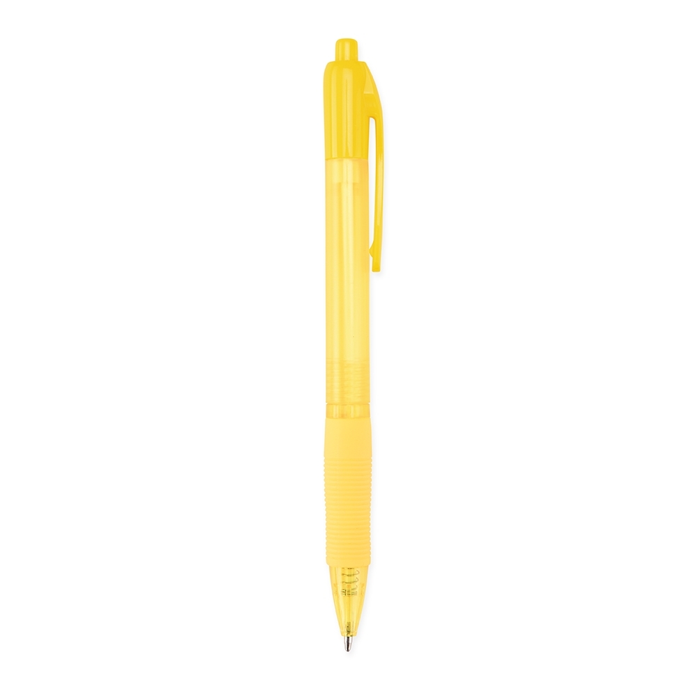Caneta plástica fosca com detalhe emborrachado personalizada com a logo da empresa, na cor amarelo