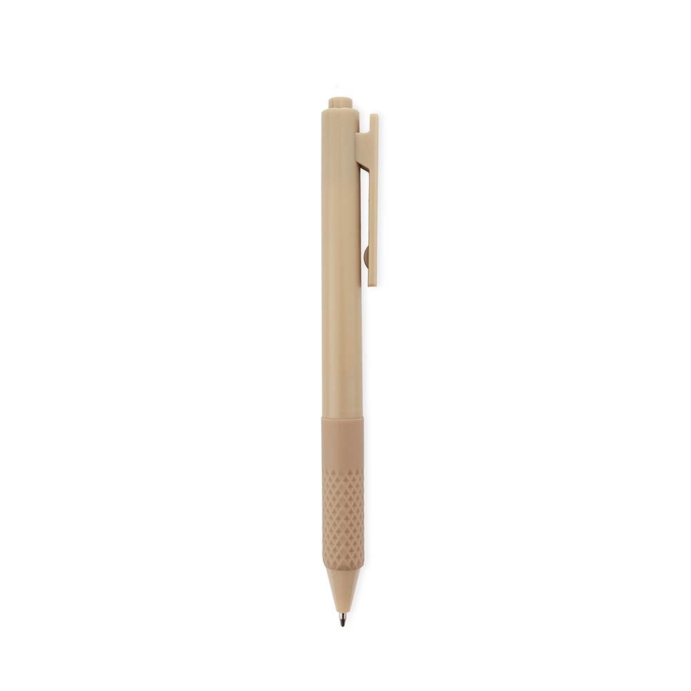Caneta plástica com pega ergonômica emborrachada personalizada com a logo da empresa, na cor bege