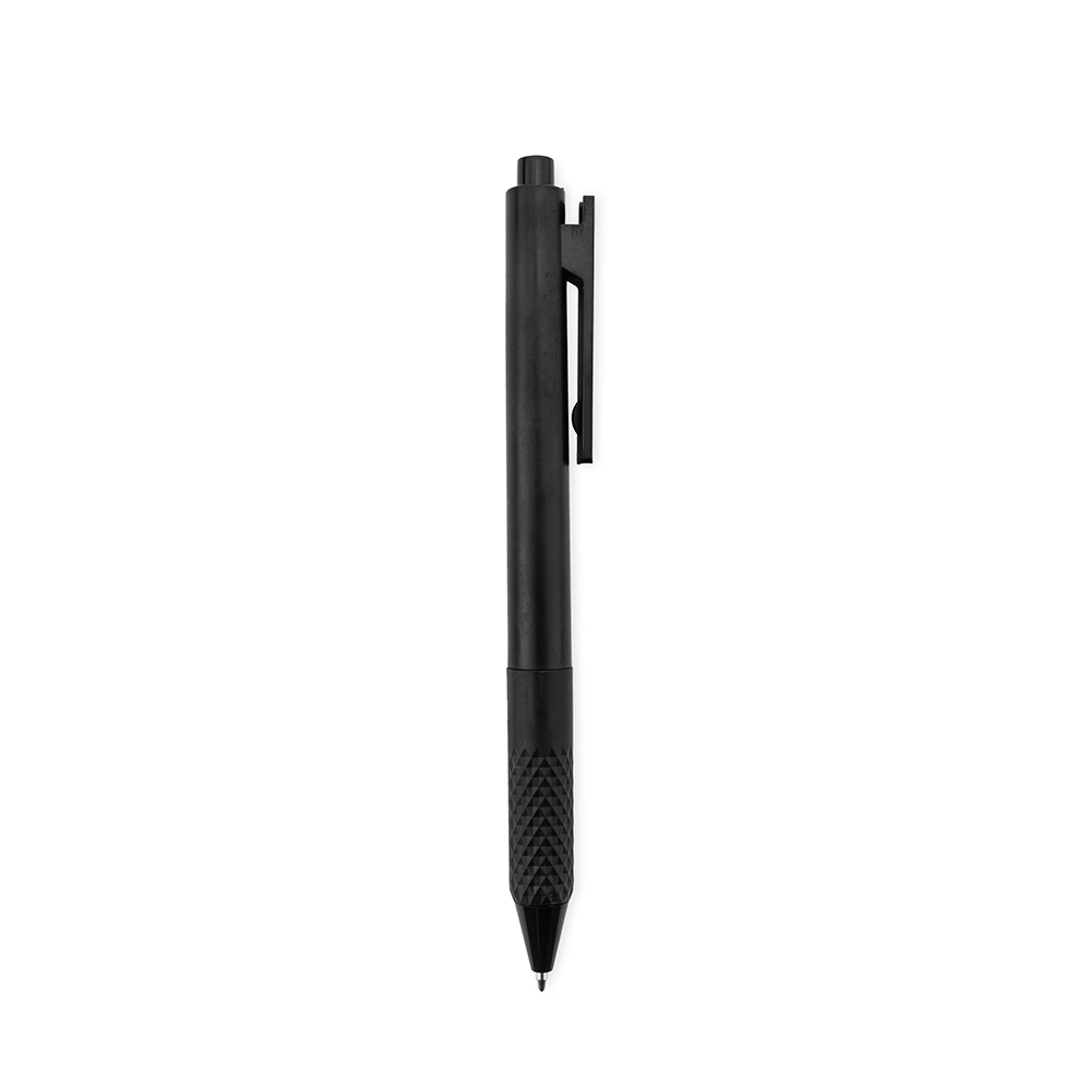Caneta plástica com pega ergonômica emborrachada na cor Preto, personalizada com a logo da empresa