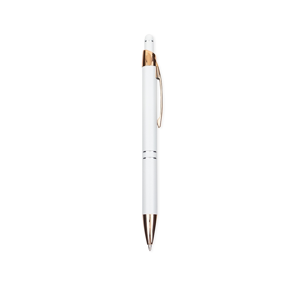Caneta de metal touch com clipe curvo e detalhes acobreados na cor Branco / Cobre, personalizada com a logo da empresa